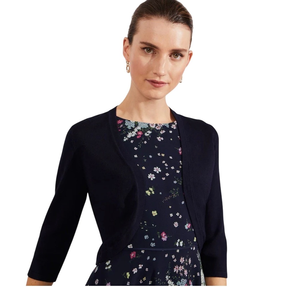 Hobbs London Shrug Bolero Women XS Navy Blue Open Front Cropped 3/4 Sleeve